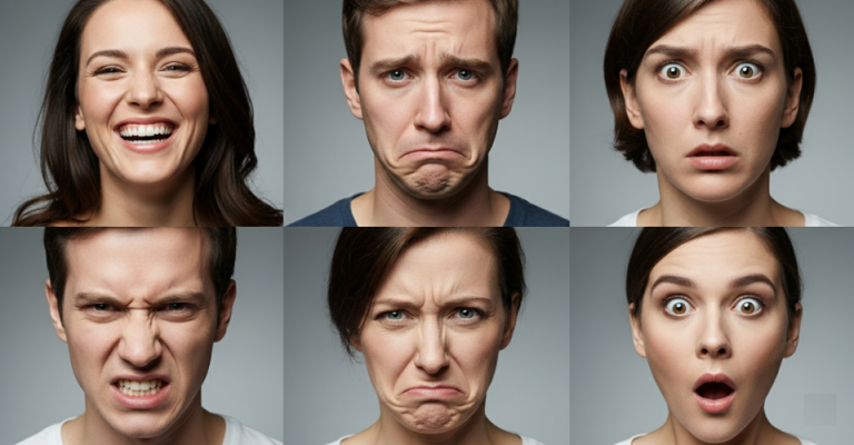 Ejemplo de las 6 emociones básicas en rostros humanos